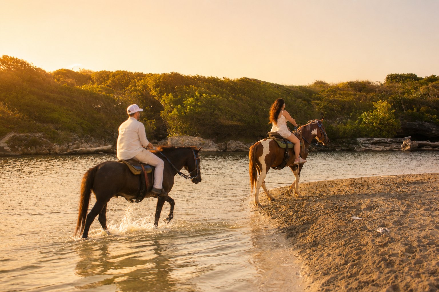 Alexis and John riding on the beach at sunset
