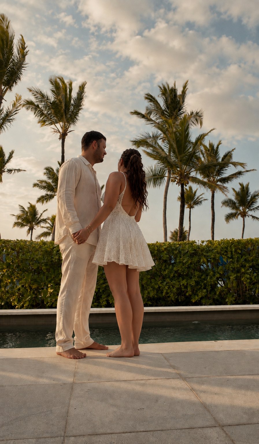 Alexis and John by the pool at sunset